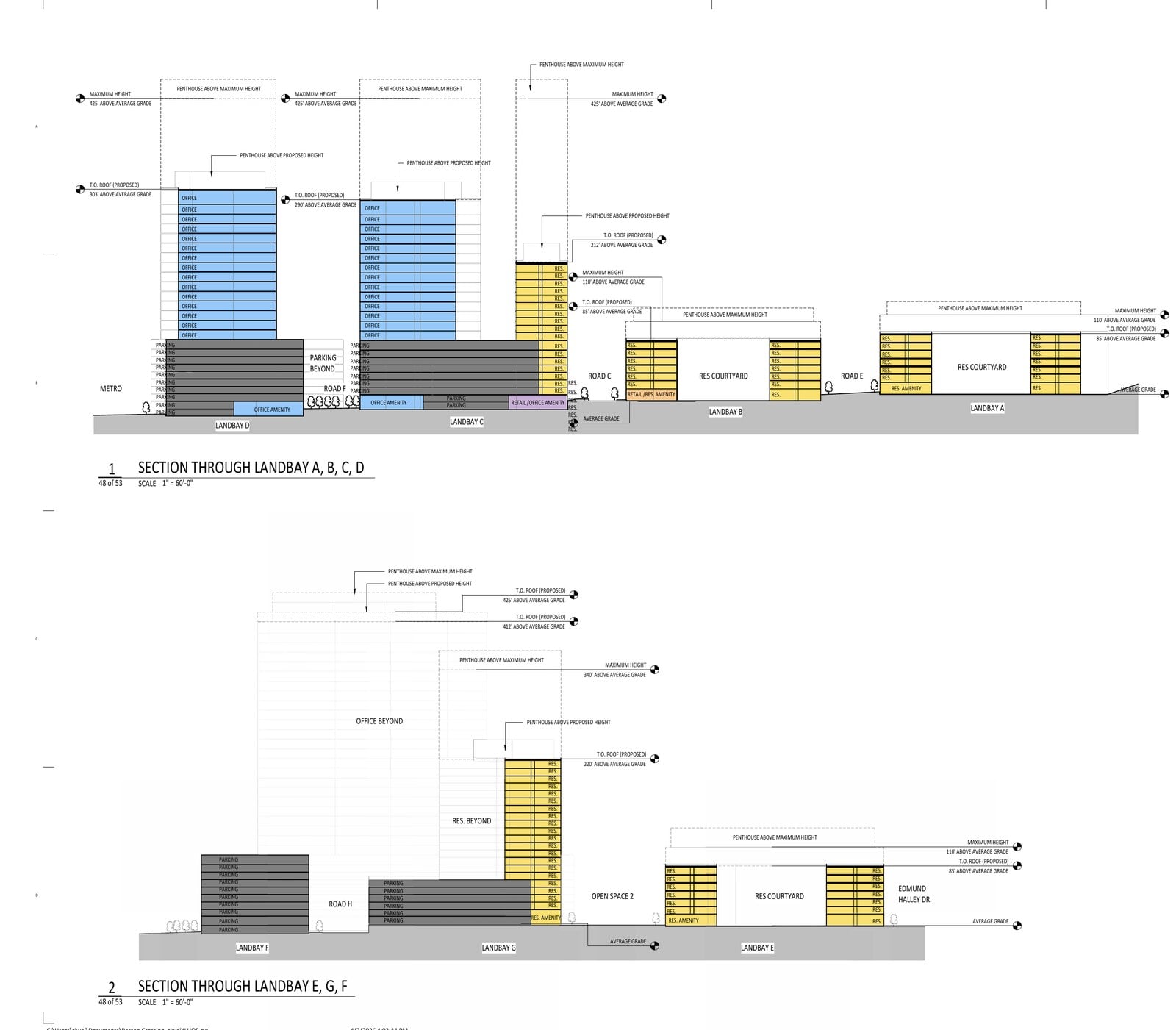 Building section diagrams showing tower heights stepping down across the Reston Crossing blocks