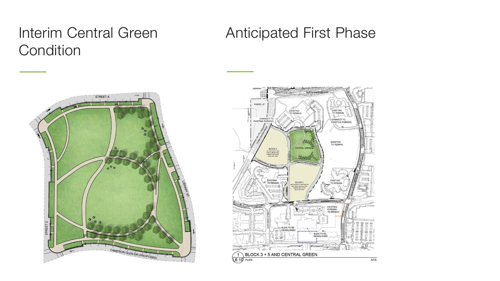 Side-by-side exhibits of the interim Central Green plan and the anticipated first phase map covering Blocks 3 and 5
