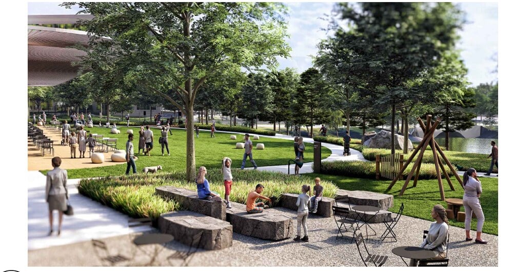 Rendering of the nature play area at Heafield Green in Reston, with children climbing wooden play structures beside seating and mature trees.