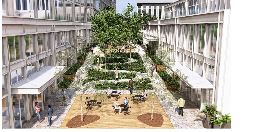 Rendering of the Mews at Halley Rise in Reston, a landscaped pedestrian passage between two buildings with cafe tables and mature trees.