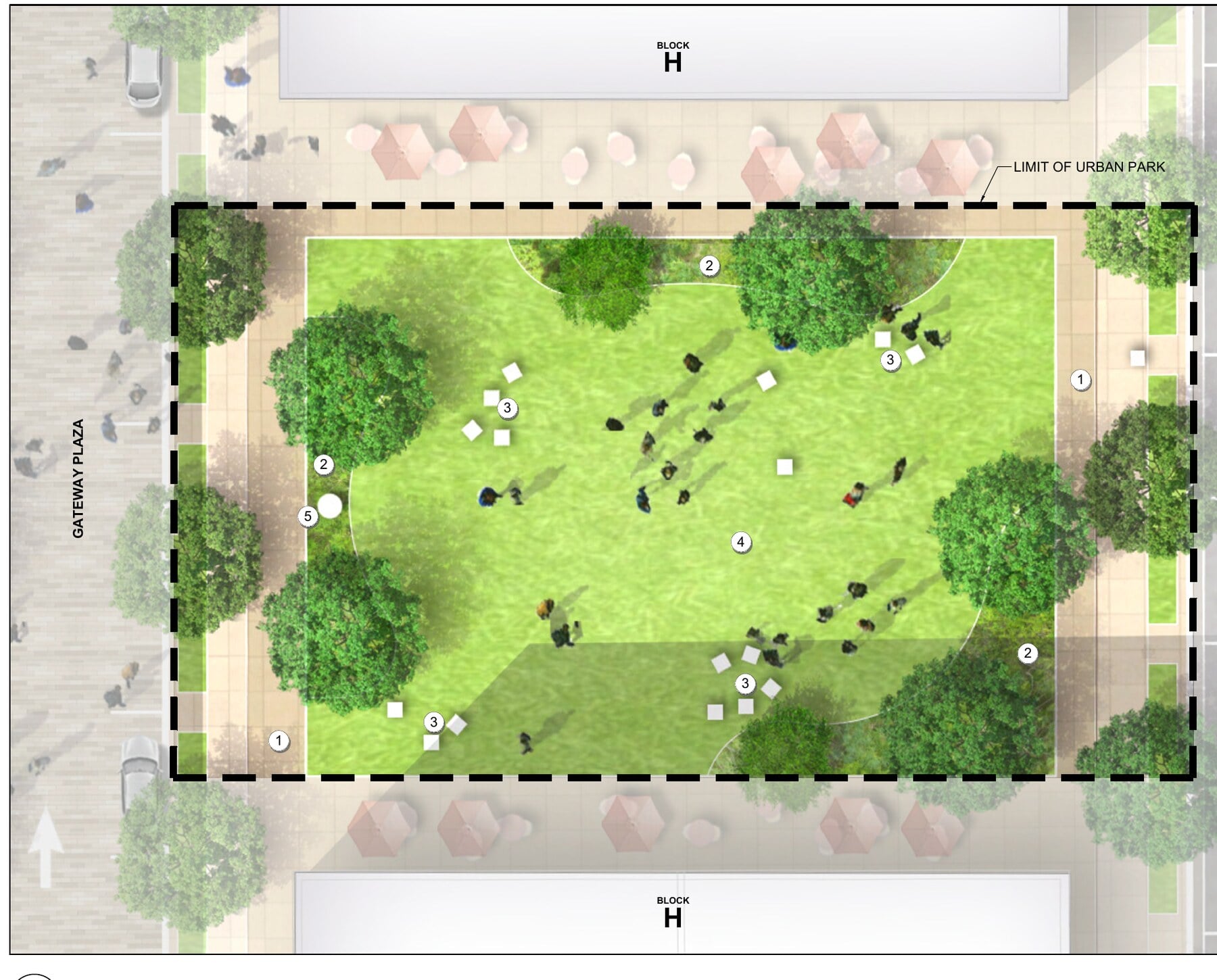 Plan drawing of the Neighborhood Park at Halley Rise in Reston, showing a lawn framed by trees, seating, and outdoor dining areas along Gateway Plaza.