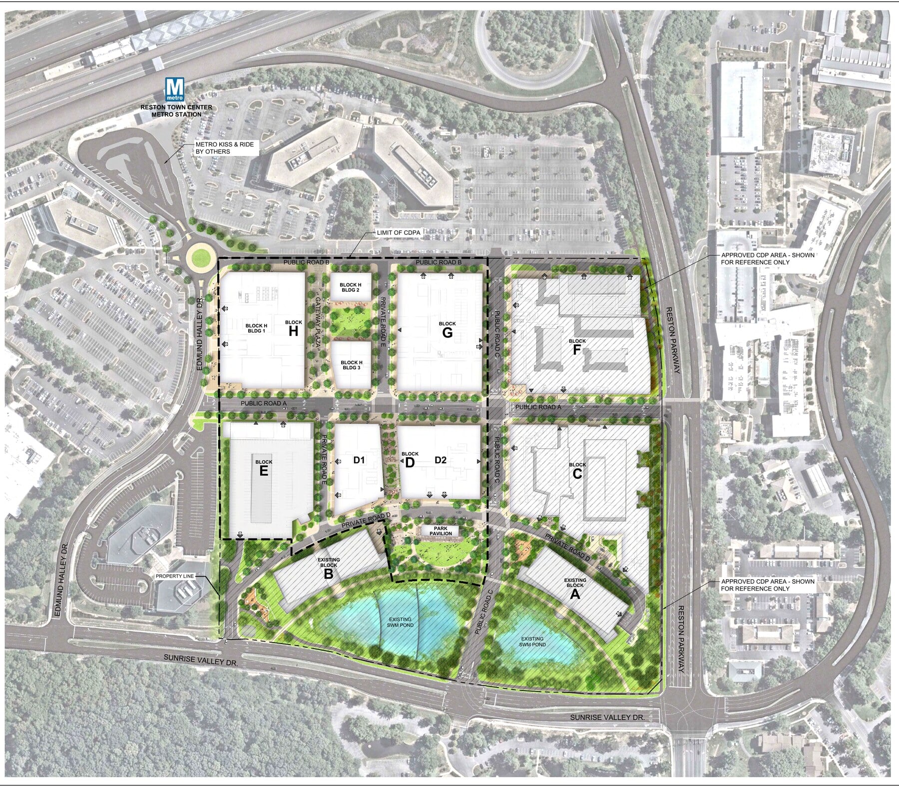 Site plan of the full Halley Rise buildout in Reston showing Blocks A through H, the Reston Town Center Metro station, Reston Parkway, Sunrise Valley Drive, and the two existing stormwater ponds.
