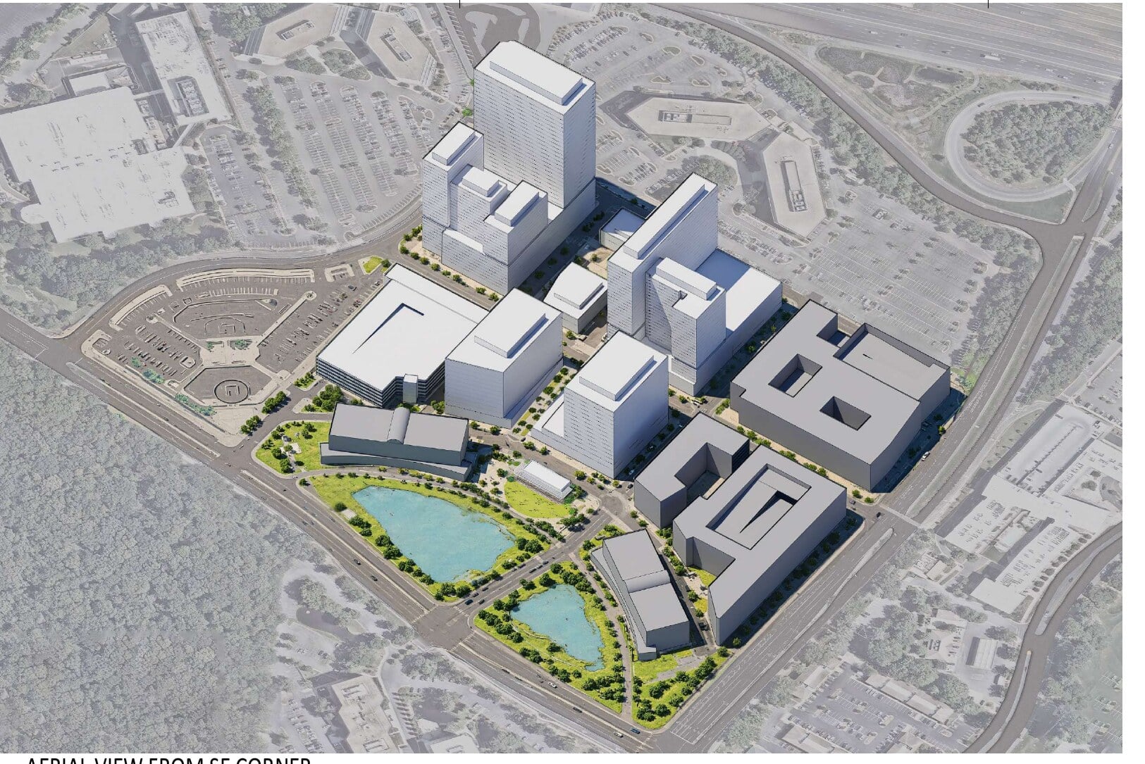 Aerial massing model of the full Halley Rise buildout in Reston viewed from the southeast, showing proposed buildings in white against existing buildings in gray.