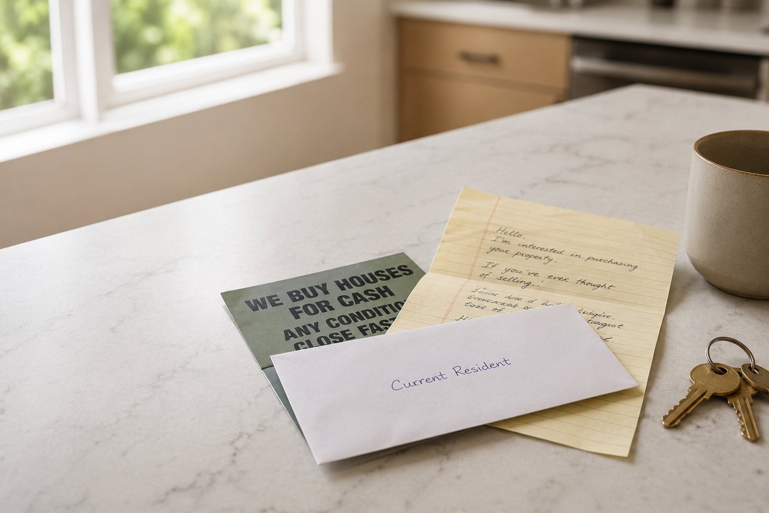 Unsolicited investor letters and postcards offering to buy a home, stacked on a kitchen counter in Reston, Virginia