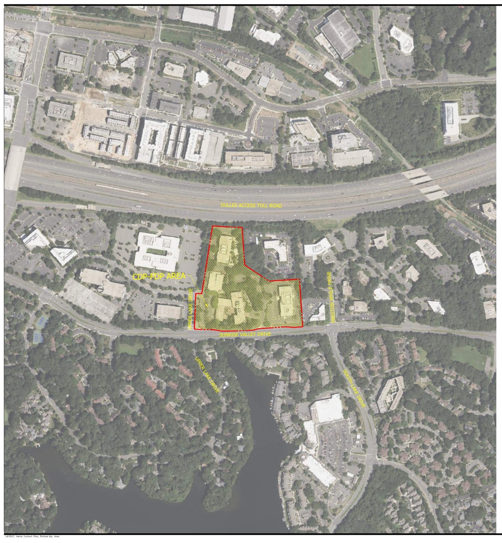 Aerial context plan showing the 12.15-acre Maker's Point site between Sunrise Valley Drive and the Dulles Toll Road in Reston