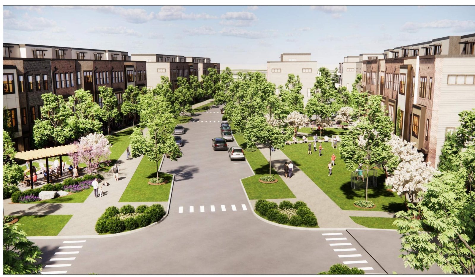 Rendering of a landscaped central green and community park between townhomes at Maker's Point in Reston