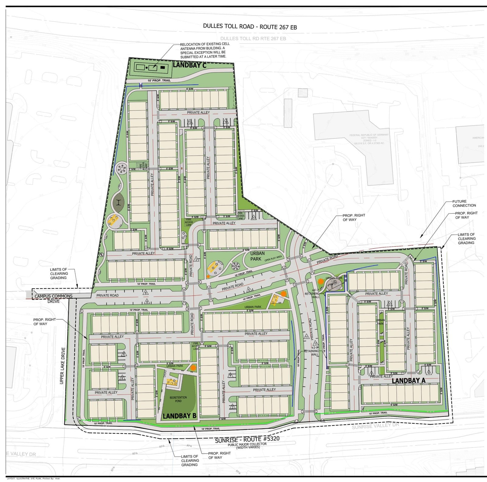 Illustrative site plan for Maker's Point showing Landbays A, B and C, private streets, urban parks and a bioretention pond