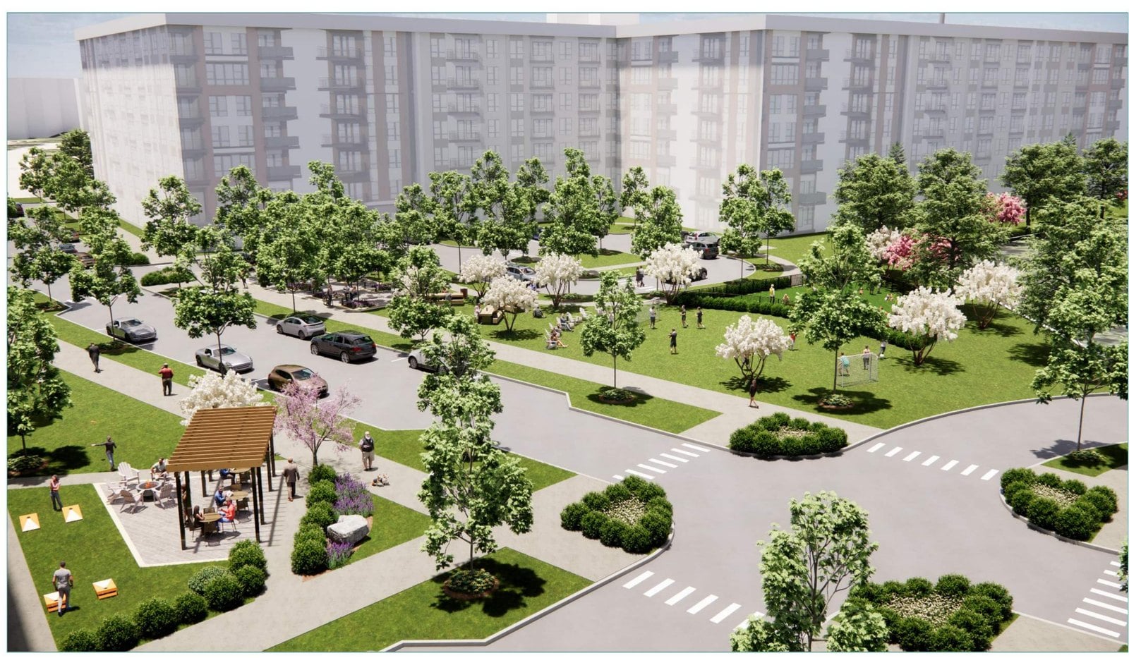 Rendering of the optional seven-story multifamily building and adjacent urban park at Maker's Point in Reston