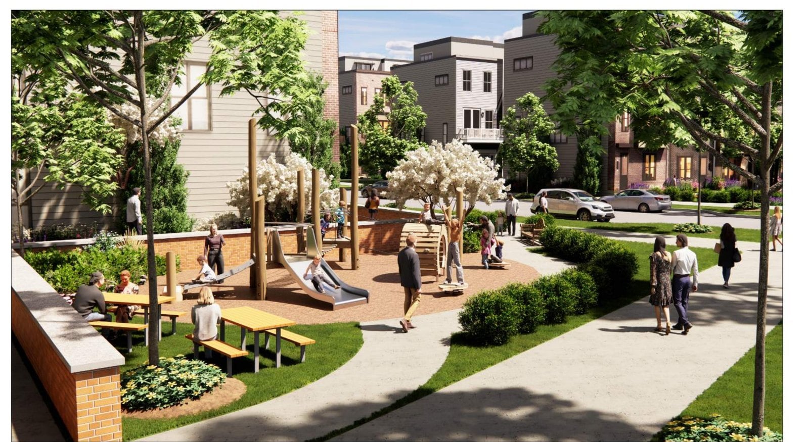 Rendering of a playground and urban park amenity area planned within Maker's Point in Reston