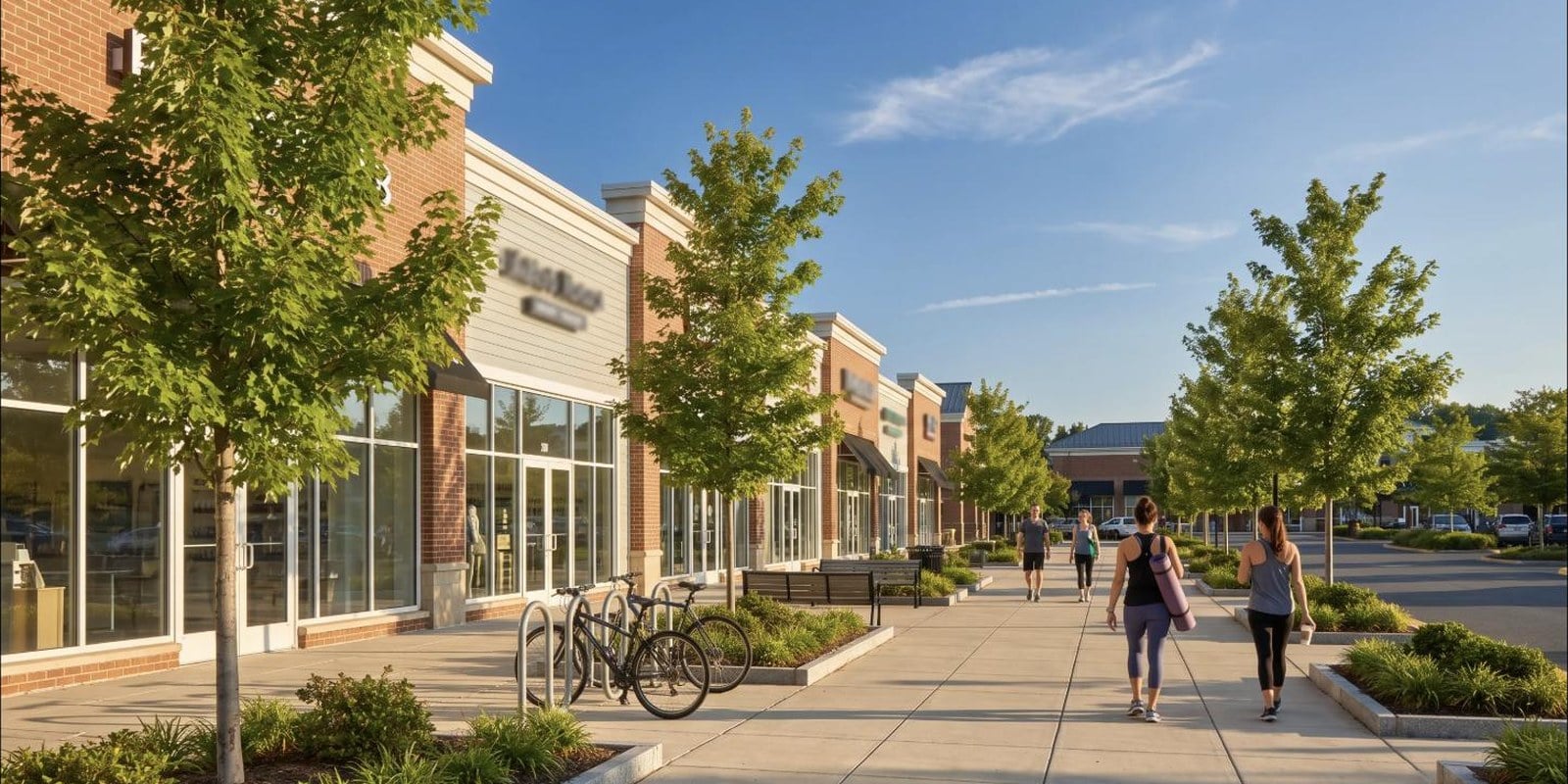 Sunny morning at a North Reston neighborhood village shopping center, with people in athletic wear walking past brick storefronts