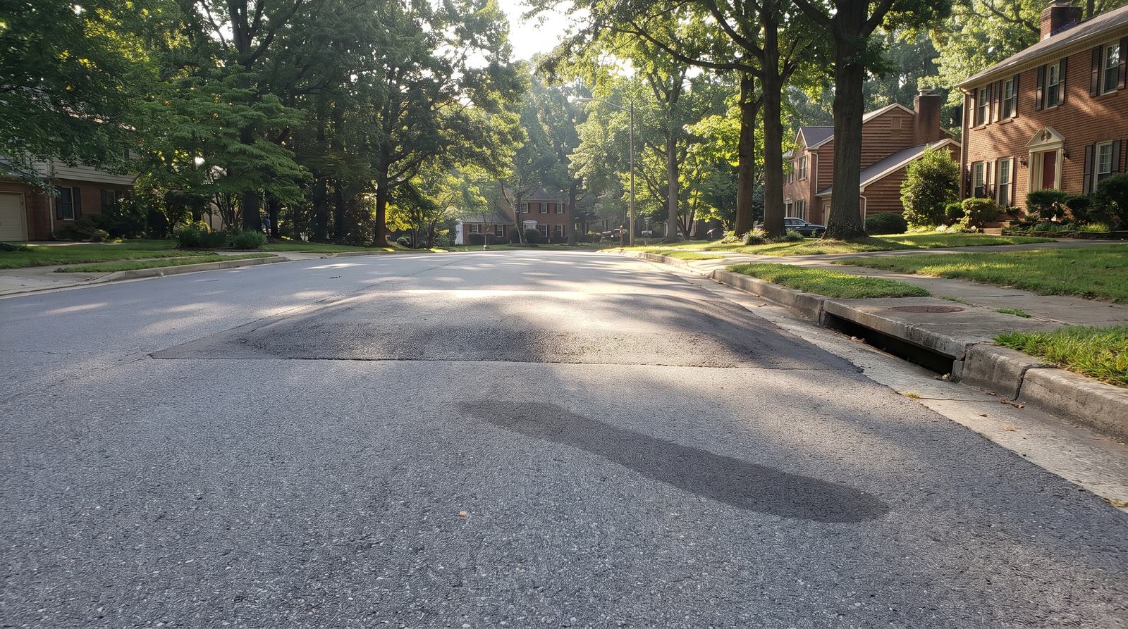 A raised asphalt speed hump crossing a tree-lined residential street in the Reston and Herndon area of Fairfax County