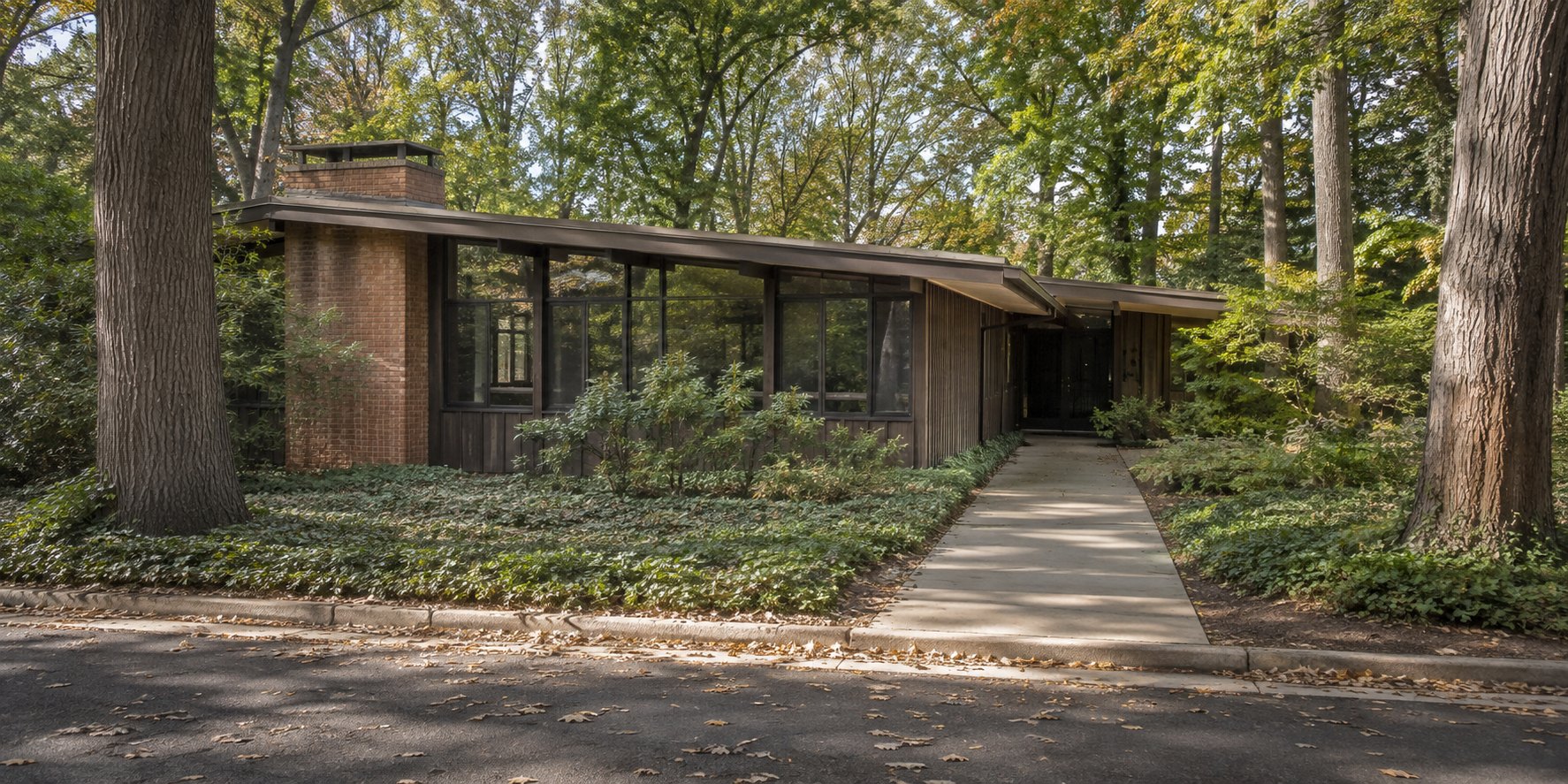 A one-story mid-century modern home with vertical cedar siding and a step-free concrete walkway on a wooded lot in Reston, Virginia