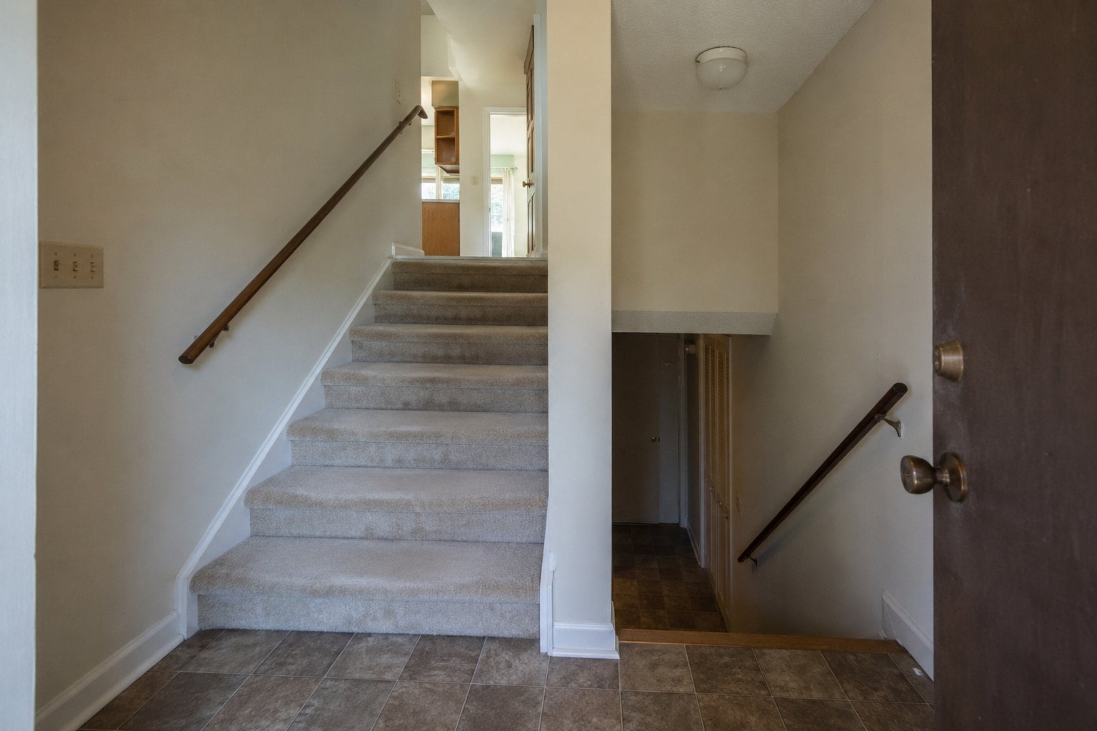 The entry of a split foyer house, with one flight of carpeted stairs rising to the living level and a second flight descending to the lower level