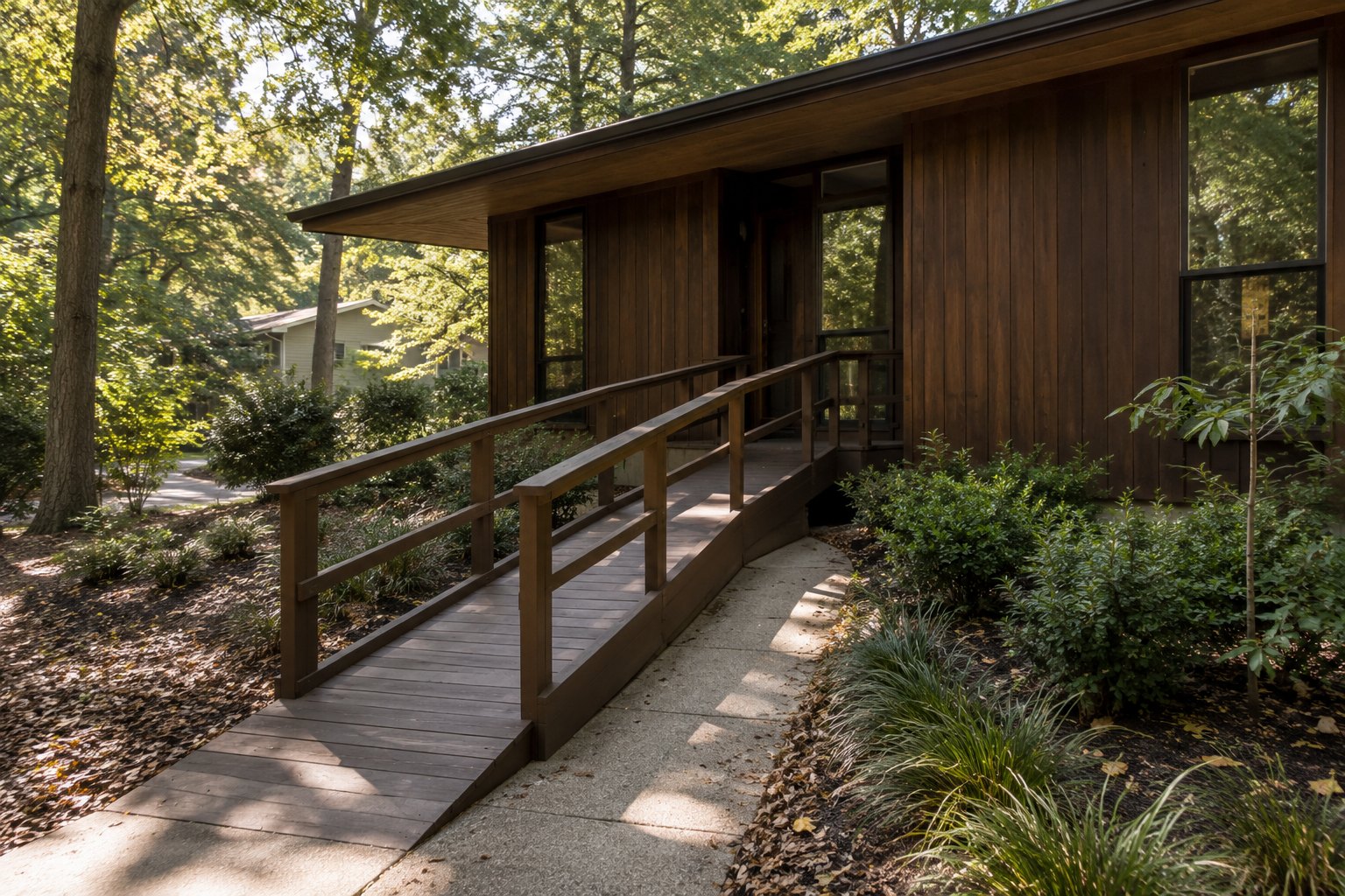 A stained wood accessibility ramp with handrails leading to the front door of a single-story Reston home, integrated into the landscaping