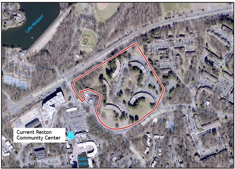 Fairfax County aerial map outlining the 16.5-acre Crescent Apartments site off Cameron Crescent Drive in Reston, with the current Reston Community Center marked near Lake Anne