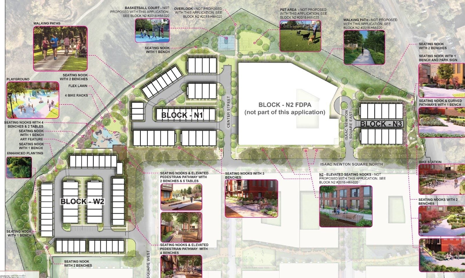 Site plan of Isaac Newton Square Phase One in Reston, VA showing Blocks W2, N1, N2 and N3 with park and seating callouts