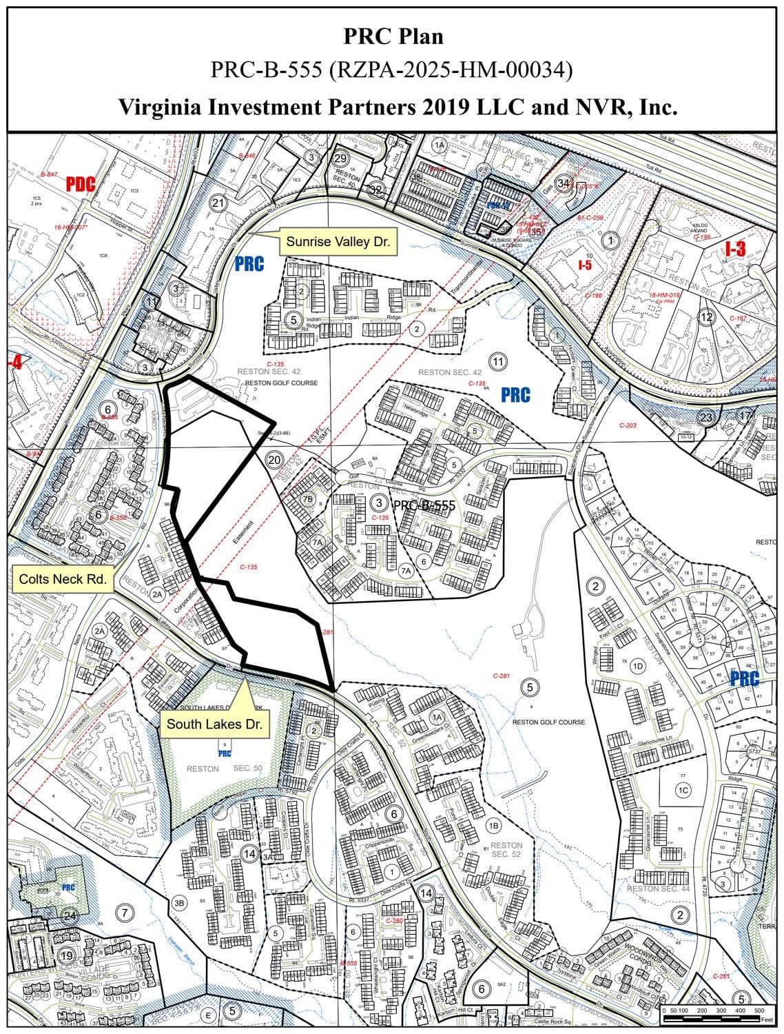 Fairfax County PRC-B-555 application map outlining the 1966 land on the west side of Reston National Golf Course where 306 townhomes are proposed