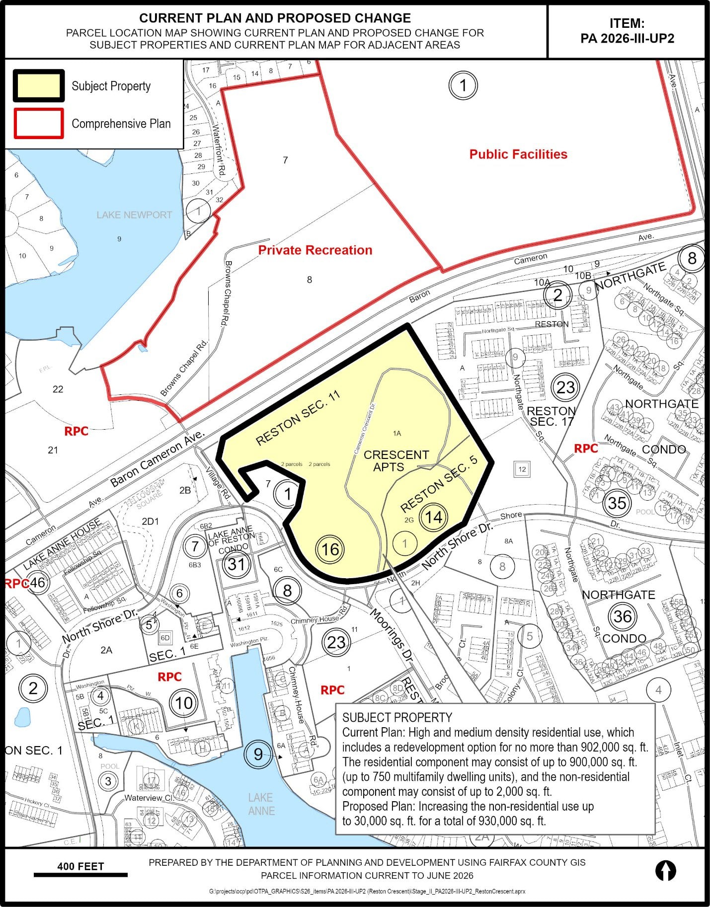 Fairfax County parcel map of the Crescent Apartments property showing the current Comprehensive Plan cap of 902,000 square feet and the proposed increase to 930,000 square feet