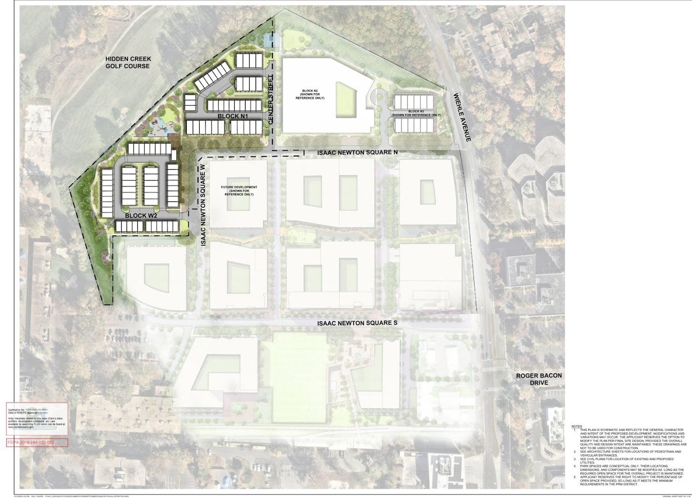 Illustrative site plan for Blocks W2 and N1 at Isaac Newton Square in Reston, VA, with Blocks N2 and N3 shown for reference