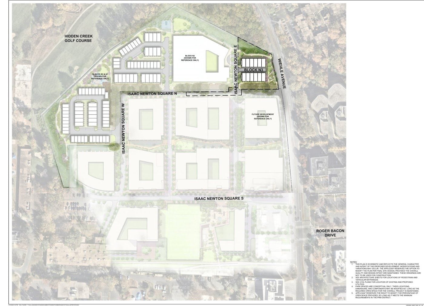 Illustrative site plan for Block N3 at the corner of Isaac Newton Square North and Wiehle Avenue in Reston, VA