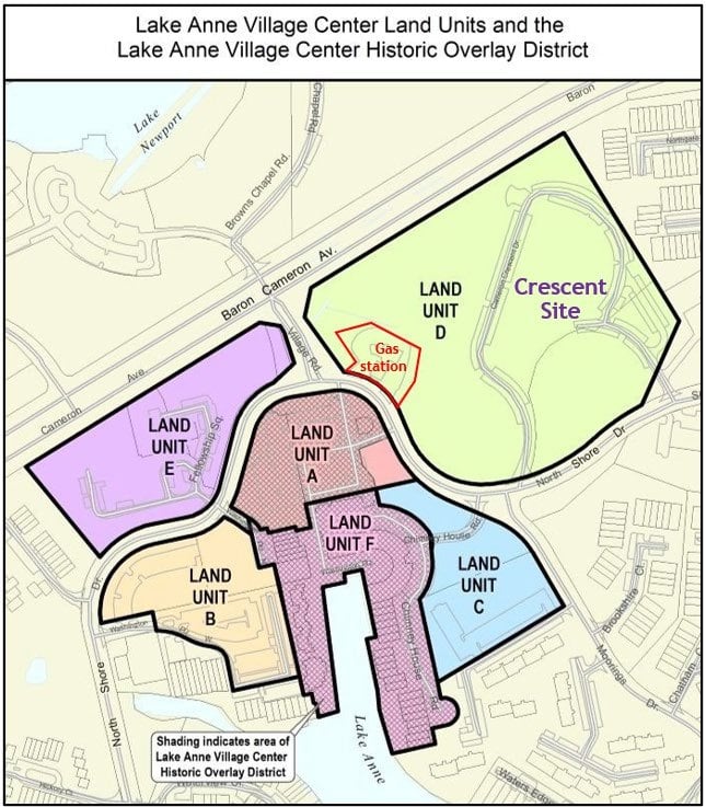 Map of the six Lake Anne Village Center land units in Reston, with the Crescent site in Land Unit D, the gas station parcel, and shading marking the Lake Anne Village Center Historic Overlay District