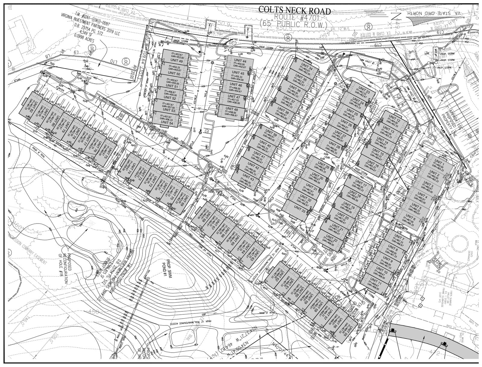 PRC plan sheet showing the north land bay of stacked townhomes proposed along Colts Neck Road at Reston National Golf Course