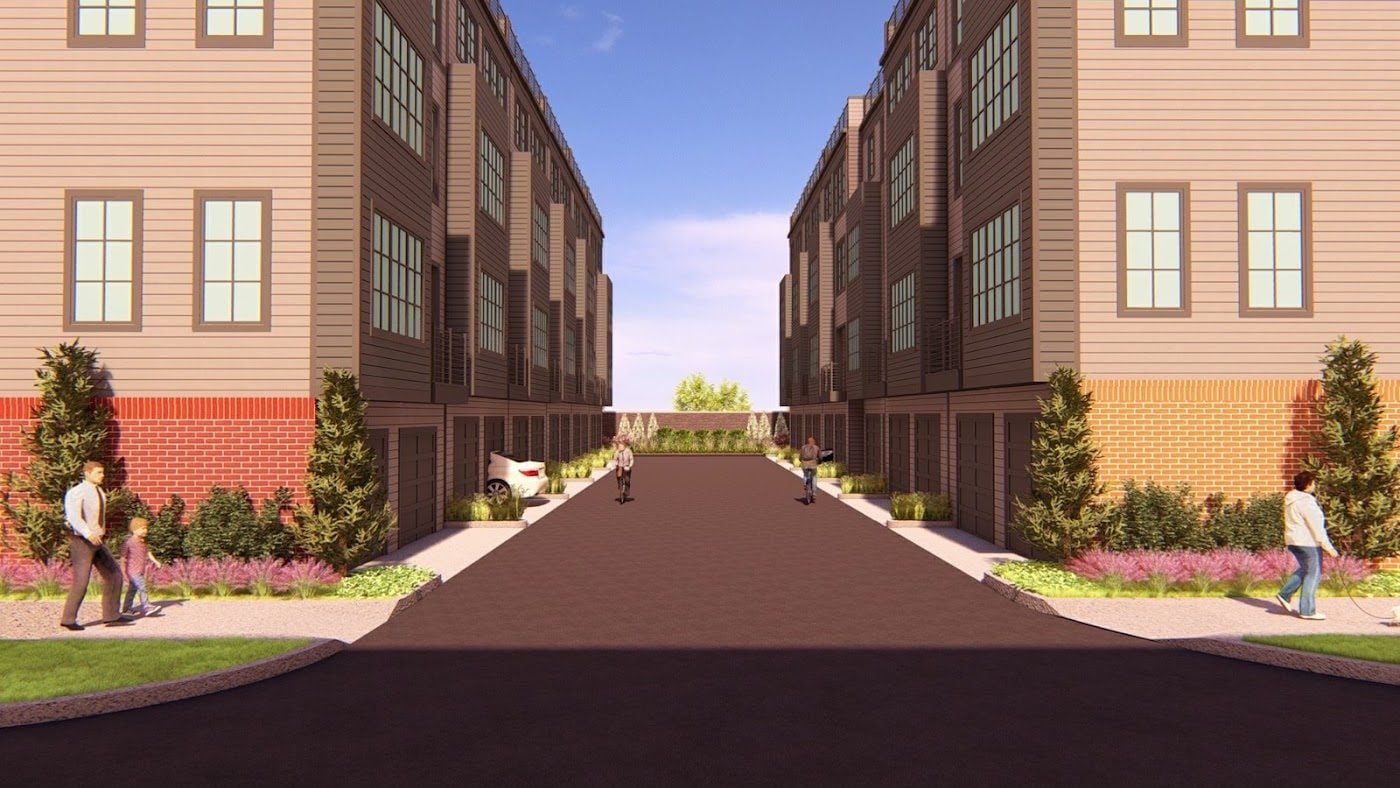 Rendering of the private drive between two rows of back-to-back townhomes on Block N3 at Isaac Newton Square in Reston, VA