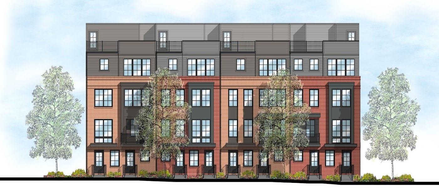 Front elevation of the four-story back-to-back townhomes approved for Block N3 at Isaac Newton Square in Reston, VA