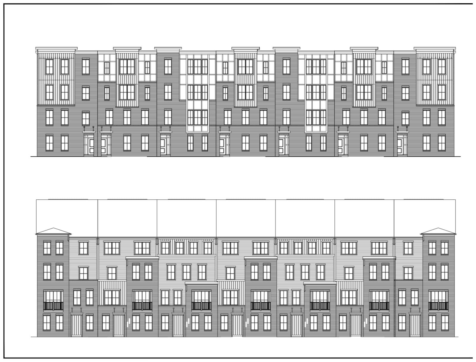 Architectural elevation drawings of the four-level stacked townhomes proposed at Reston National Golf Course
