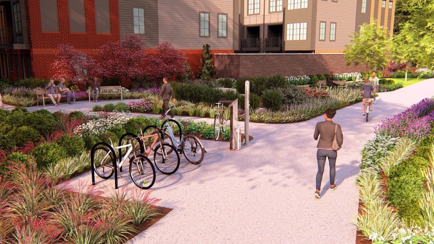 Rendering of the Wayside rest area with bike racks beside the Wiehle Avenue shared-use trail at Isaac Newton Square in Reston, VA