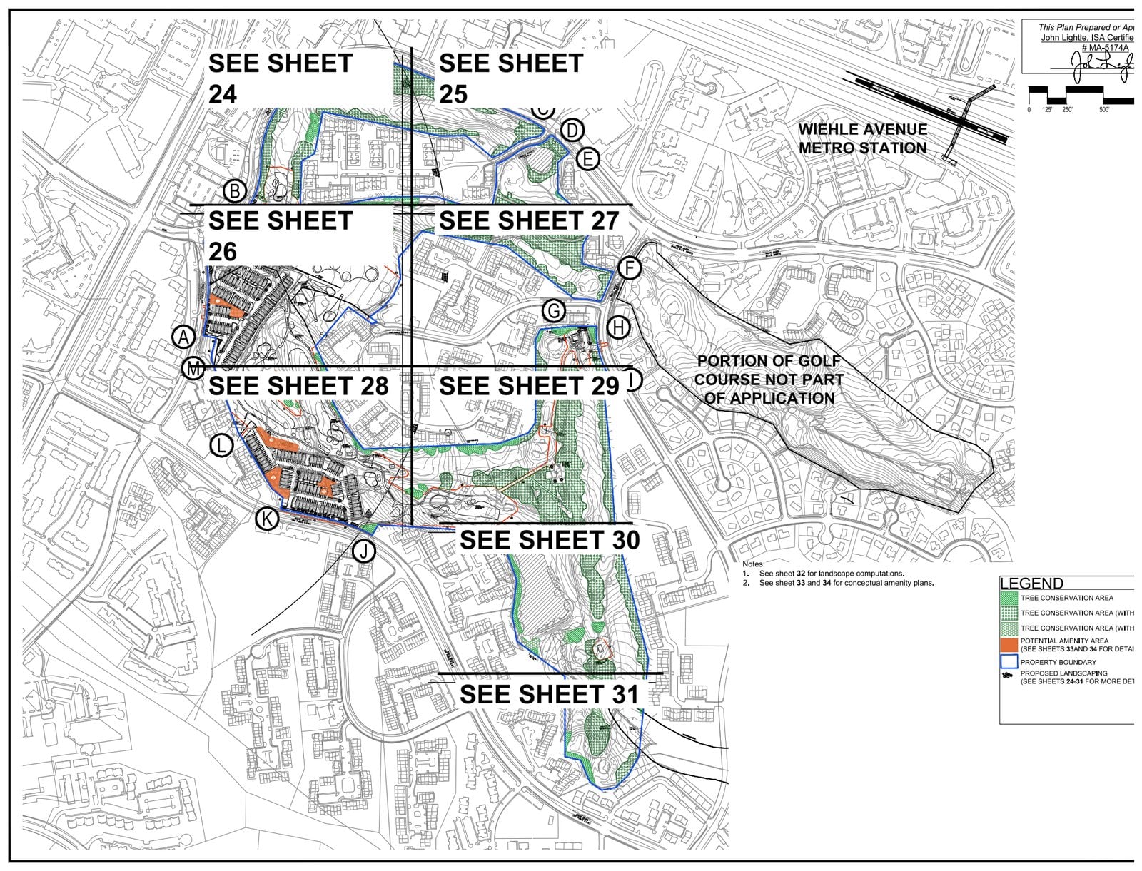 Landscape and tree conservation plan for the Reston National Golf Course PRC application, labeling the eastern section as outside the application