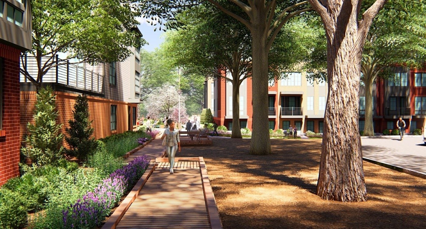 Rendering of the Willow Oak Park boardwalk between preserved willow oak trees and townhomes on Block W2 at Isaac Newton Square in Reston, VA