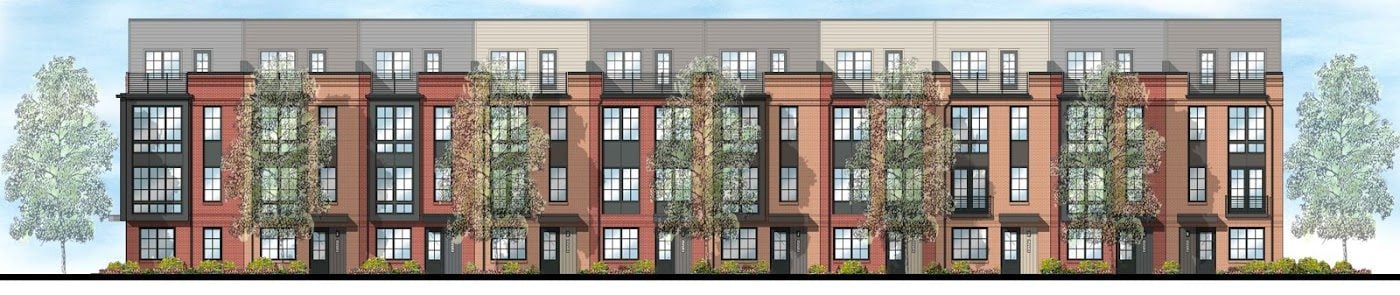 Front elevation of the four-story traditional townhomes approved for Blocks W2 and N1 at Isaac Newton Square in Reston, VA