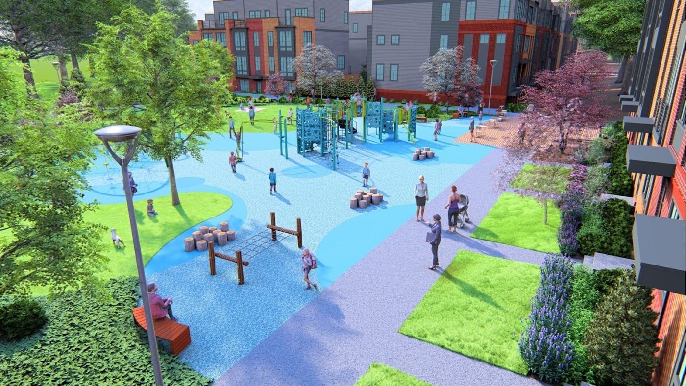 Rendering of the playground and flex lawn in Nature's Edge Park at the corner of Block N1 at Isaac Newton Square in Reston, VA