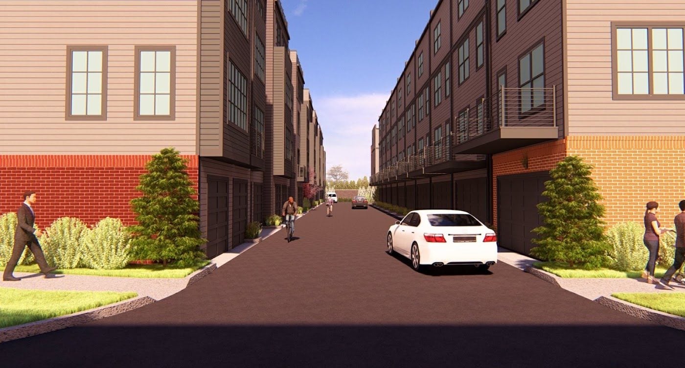 Rendering of the rear-load garage drive between townhome rows on Block N1 at Isaac Newton Square in Reston, VA