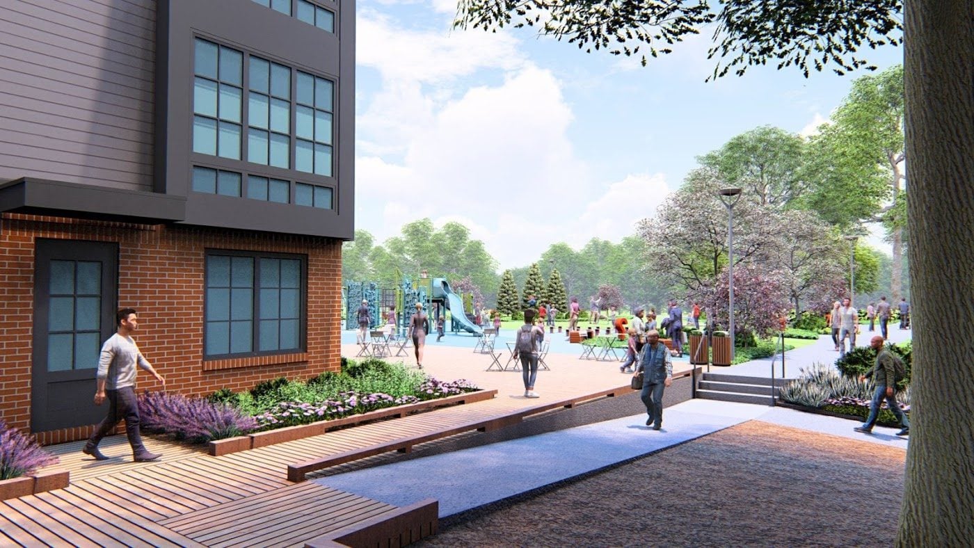 Rendering of the seating plaza beside the Block N1 playground at Isaac Newton Square in Reston, VA
