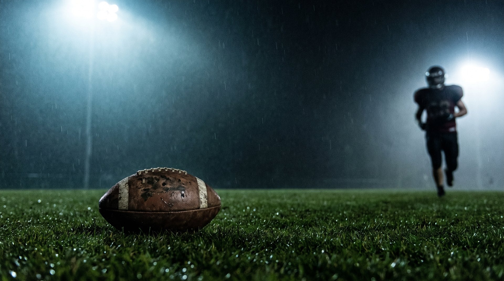 A football resting on wet turf at a high school stadium at night, with a blurred player and stadium lights behind