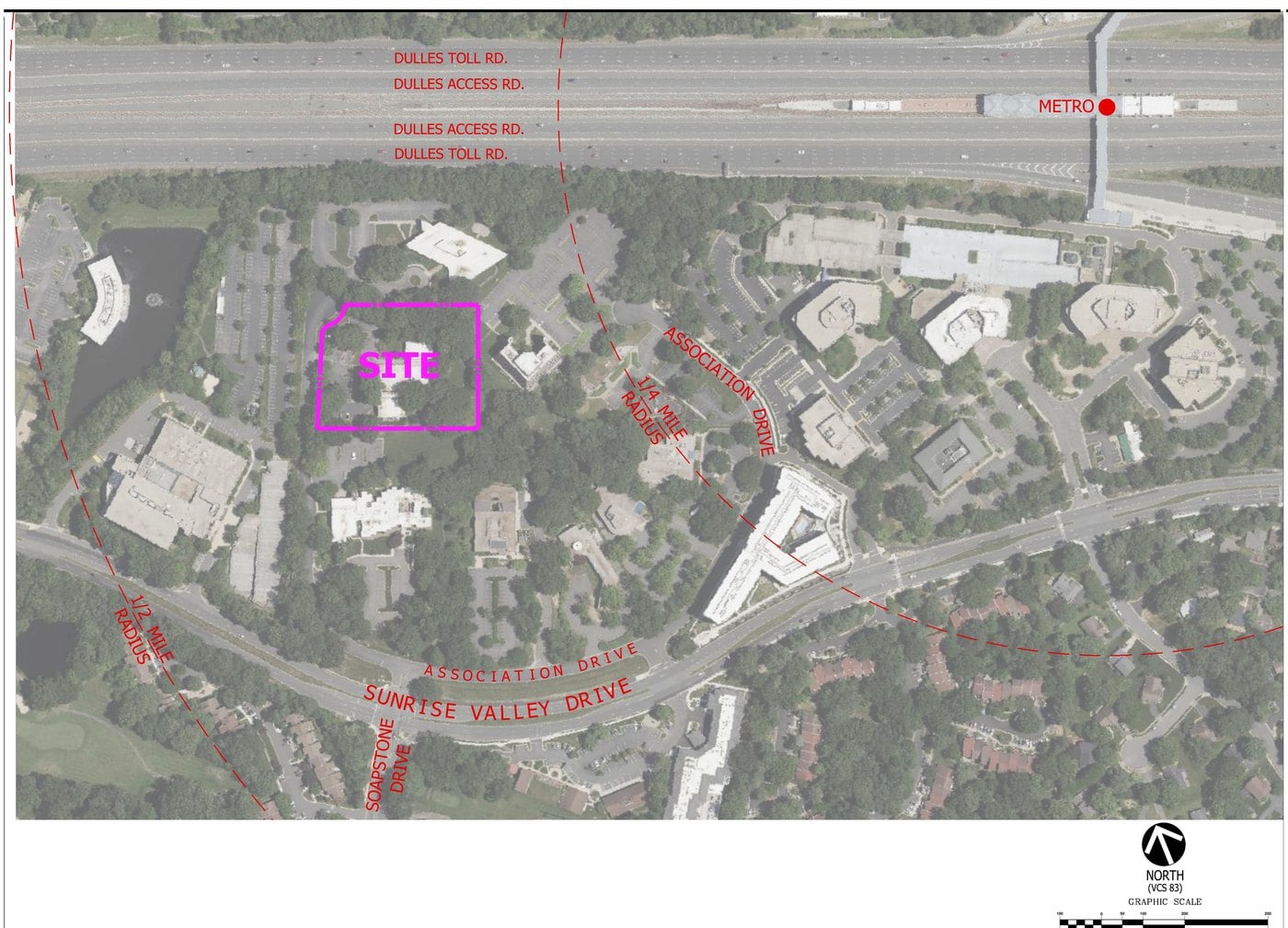 Aerial context plan showing the 1902 Association Drive site, Association Drive, Sunrise Valley Drive, Soapstone Drive and the Wiehle-Reston East Metro station