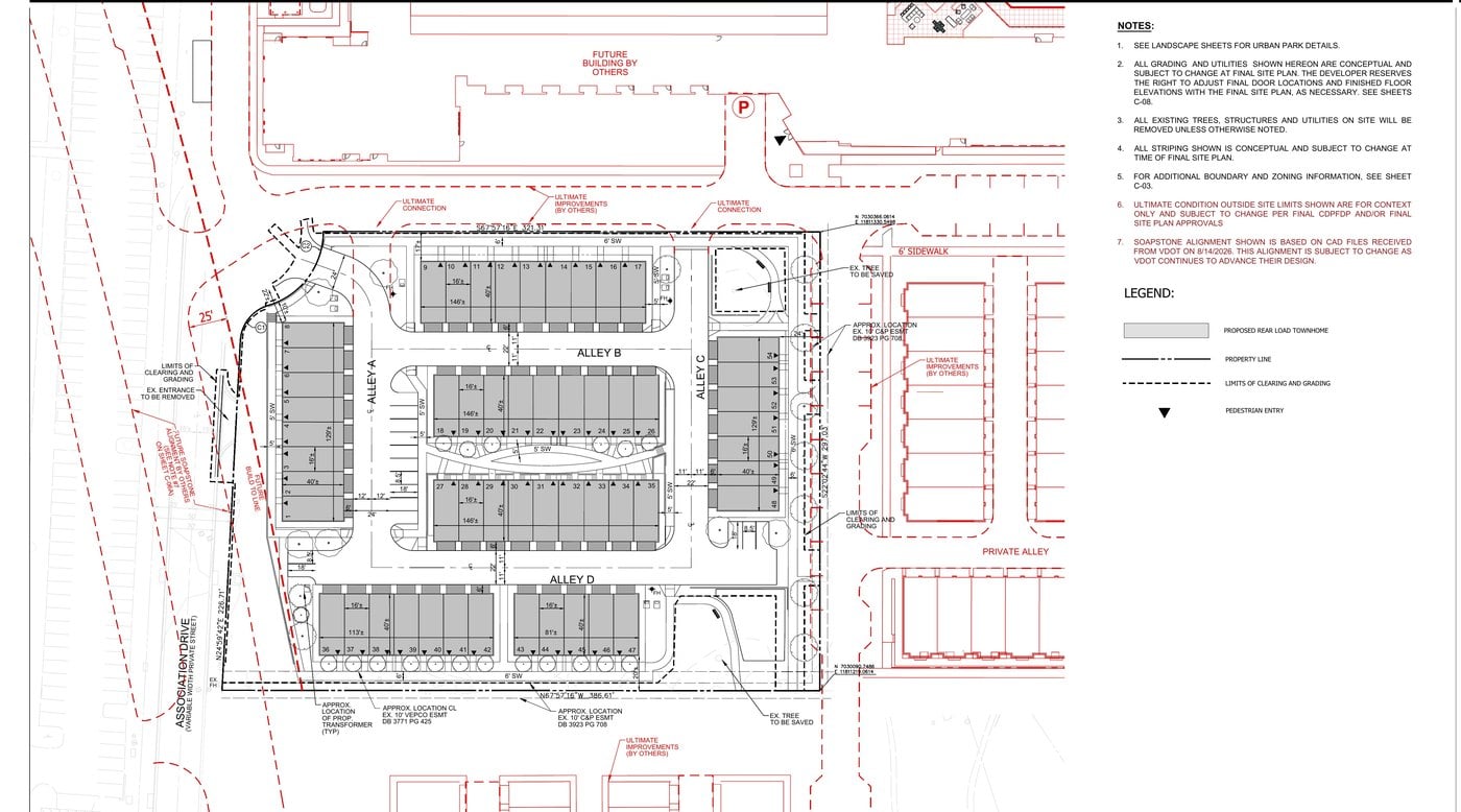 Ultimate condition development plan showing the future Soapstone Connector right of way dedication at 1902 Association Drive in Reston
