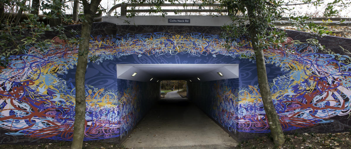 Thoreau’s Ensemble by Ben Volta painted inside the Colts Neck Road pathway underpass in Reston