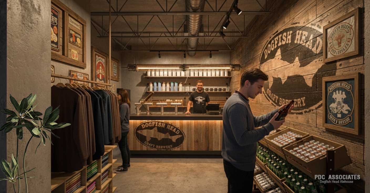Rendering of the merchandise area at the Dogfish Head Alehouse in Reston Town Center, with apparel racks, canned beer and a wooden Dogfish Head logo wall