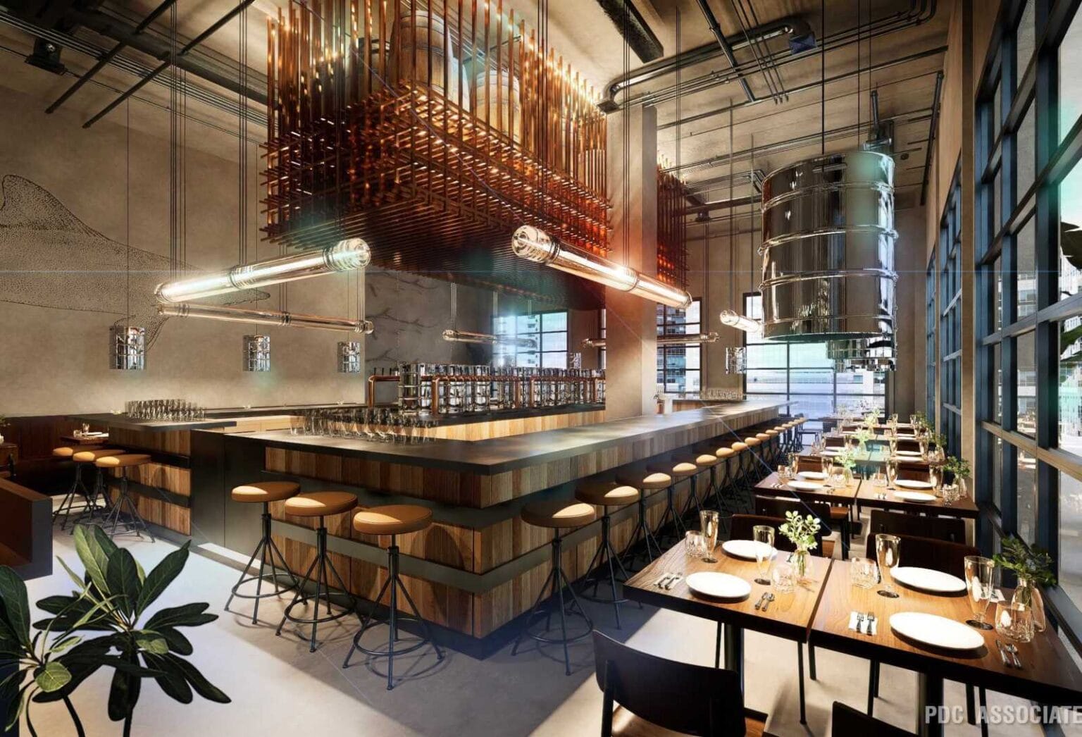 Rendering of the bar at the Dogfish Head Alehouse in Reston Town Center, with a wood-clad island bar, copper lighting fixtures and floor-to-ceiling windows