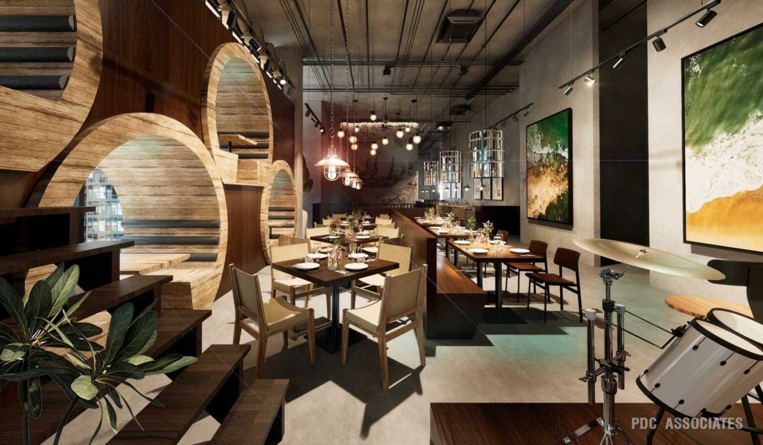 Rendering of the dining room at the Dogfish Head Alehouse in Reston Town Center, with barrel-shaped wooden booths and set tables