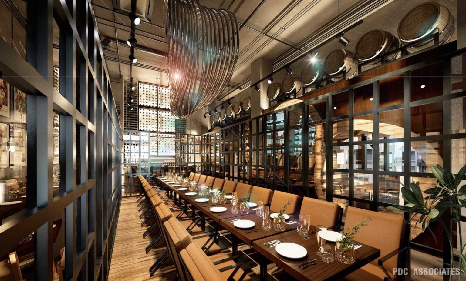 Rendering of a long communal table with leather chairs and a wall of barrels at the Dogfish Head Alehouse in Reston Town Center
