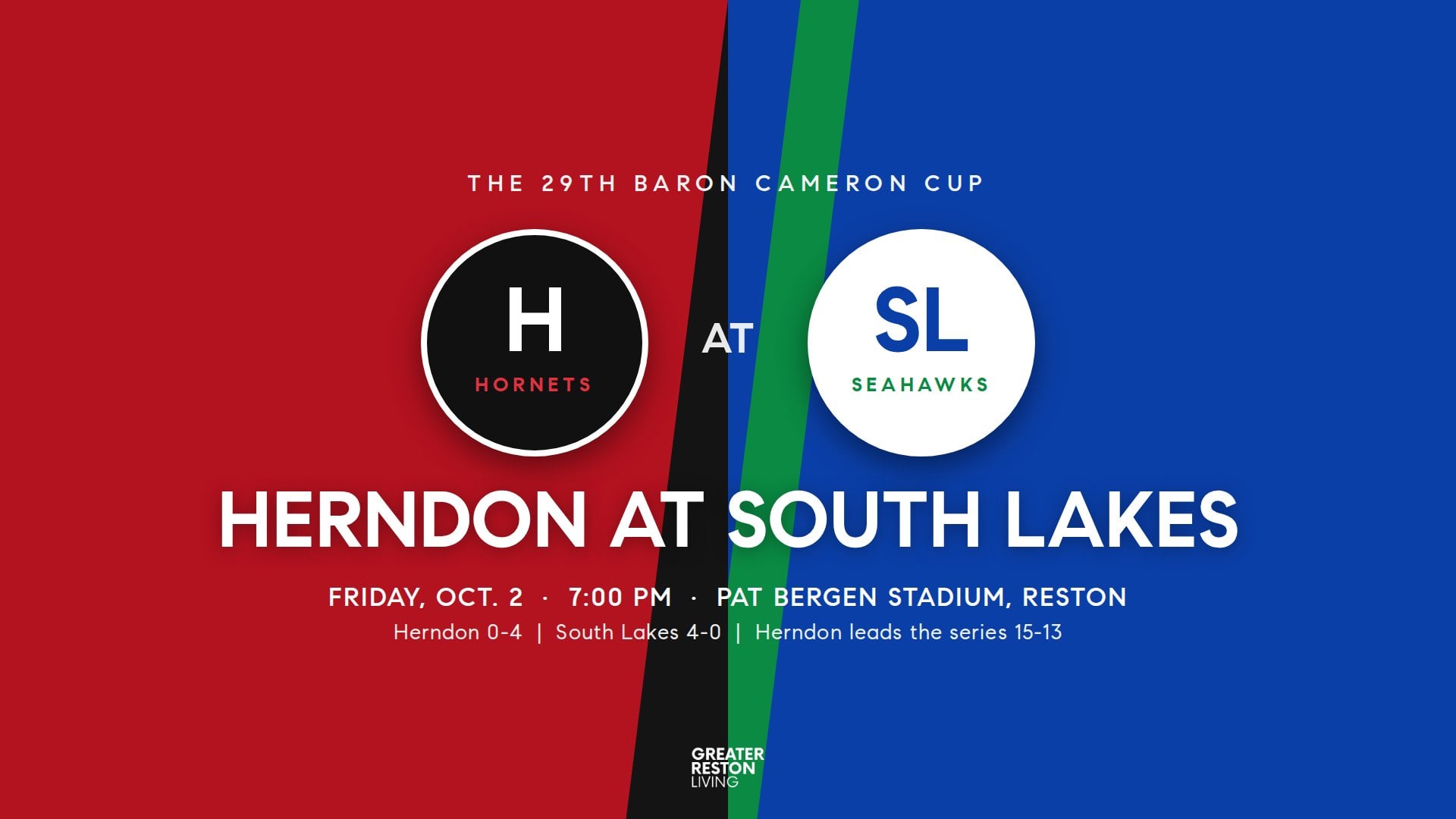 Matchup graphic for Herndon at South Lakes, the 29th Baron Cameron Cup football game, Friday, October 2, 2026, at 7:00 p.m. in Reston