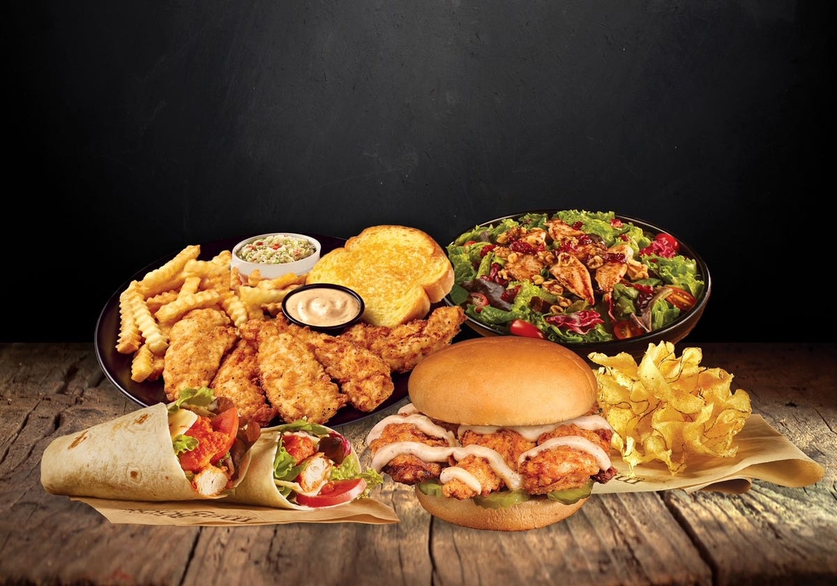 A Huey Magoo's combo meal with fried chicken tenders, fries, coleslaw, Texas toast, a chicken sandwich, a wrap and a salad, ahead of the chain's first Virginia location opening at Arrowbrook Centre in Herndon