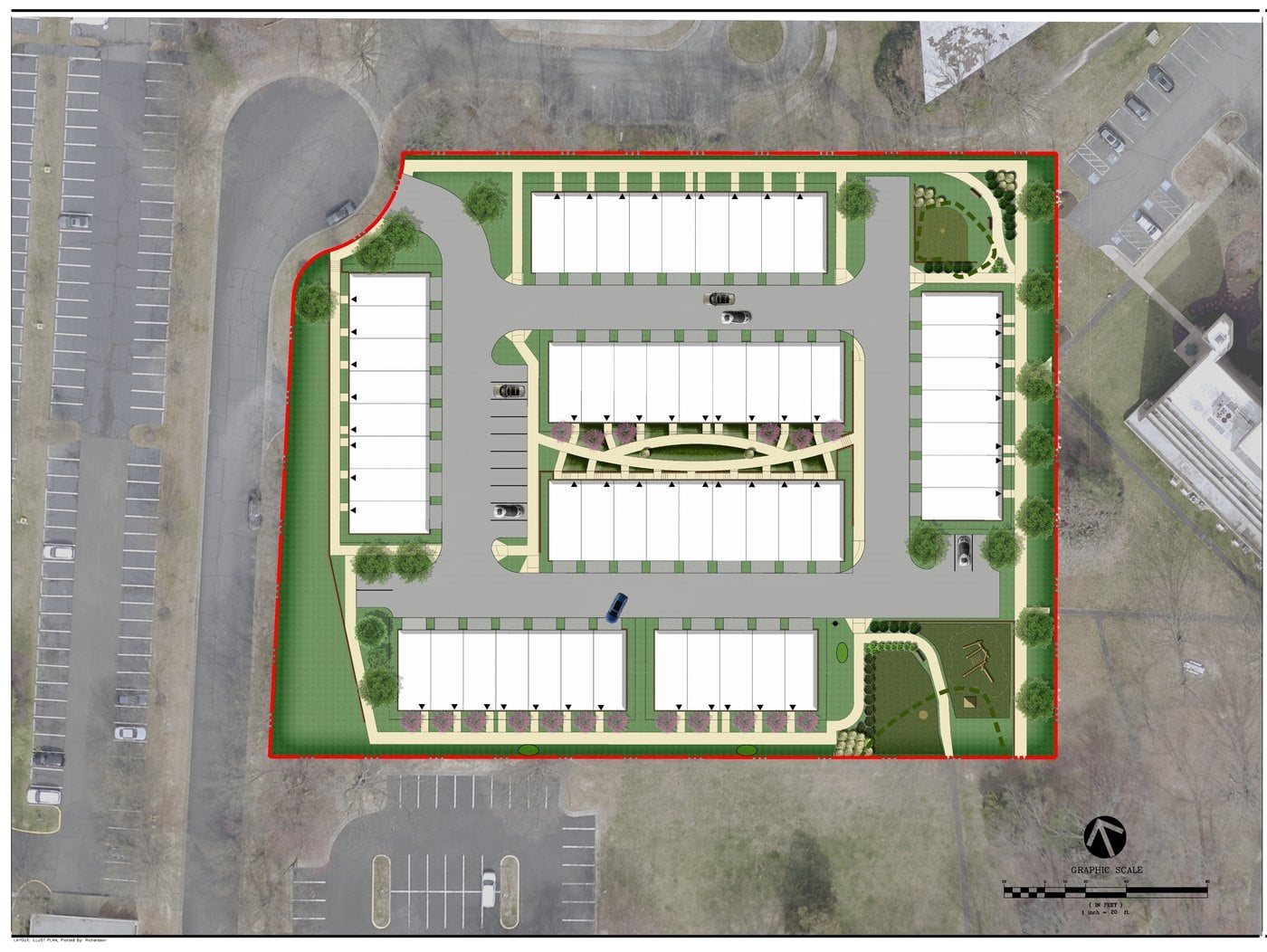 Illustrative site plan showing 54 rear-loaded townhomes, alleys and two urban parks at 1902 Association Drive in Reston