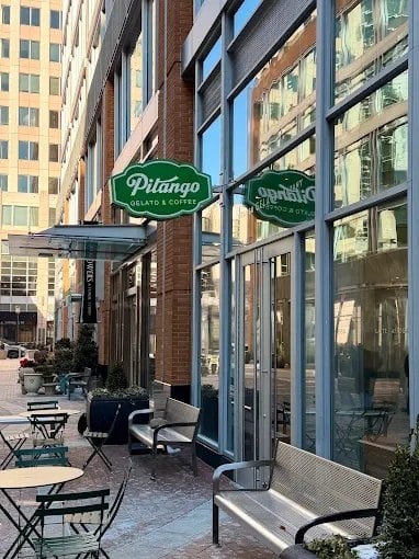 Pitango Gelato and Coffee storefront and patio on Democracy Drive in Reston Town Center