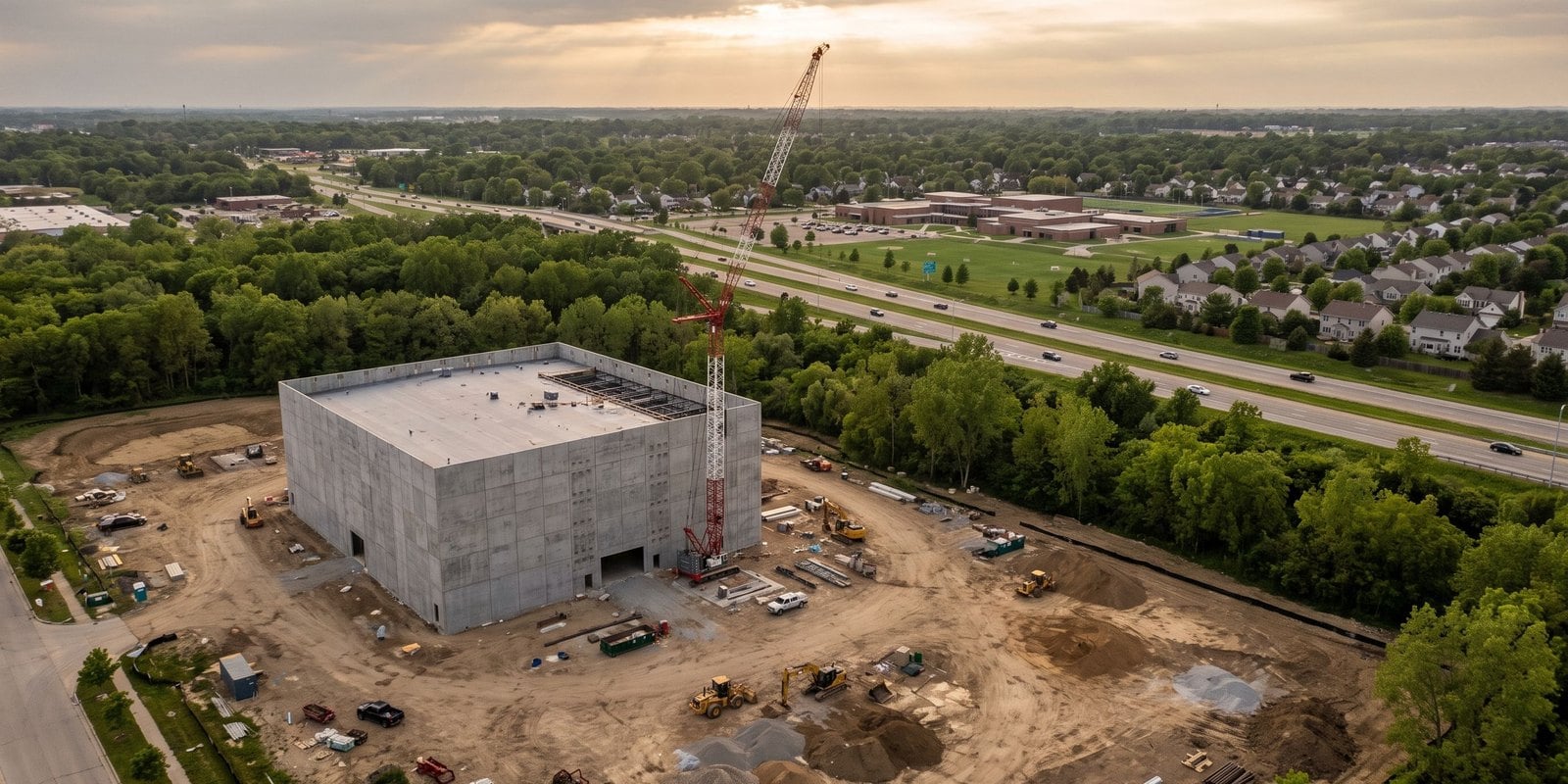 Aerial view of a large gray data center building under construction on industrial land, with a highway, tree buffer, school and homes in the distance