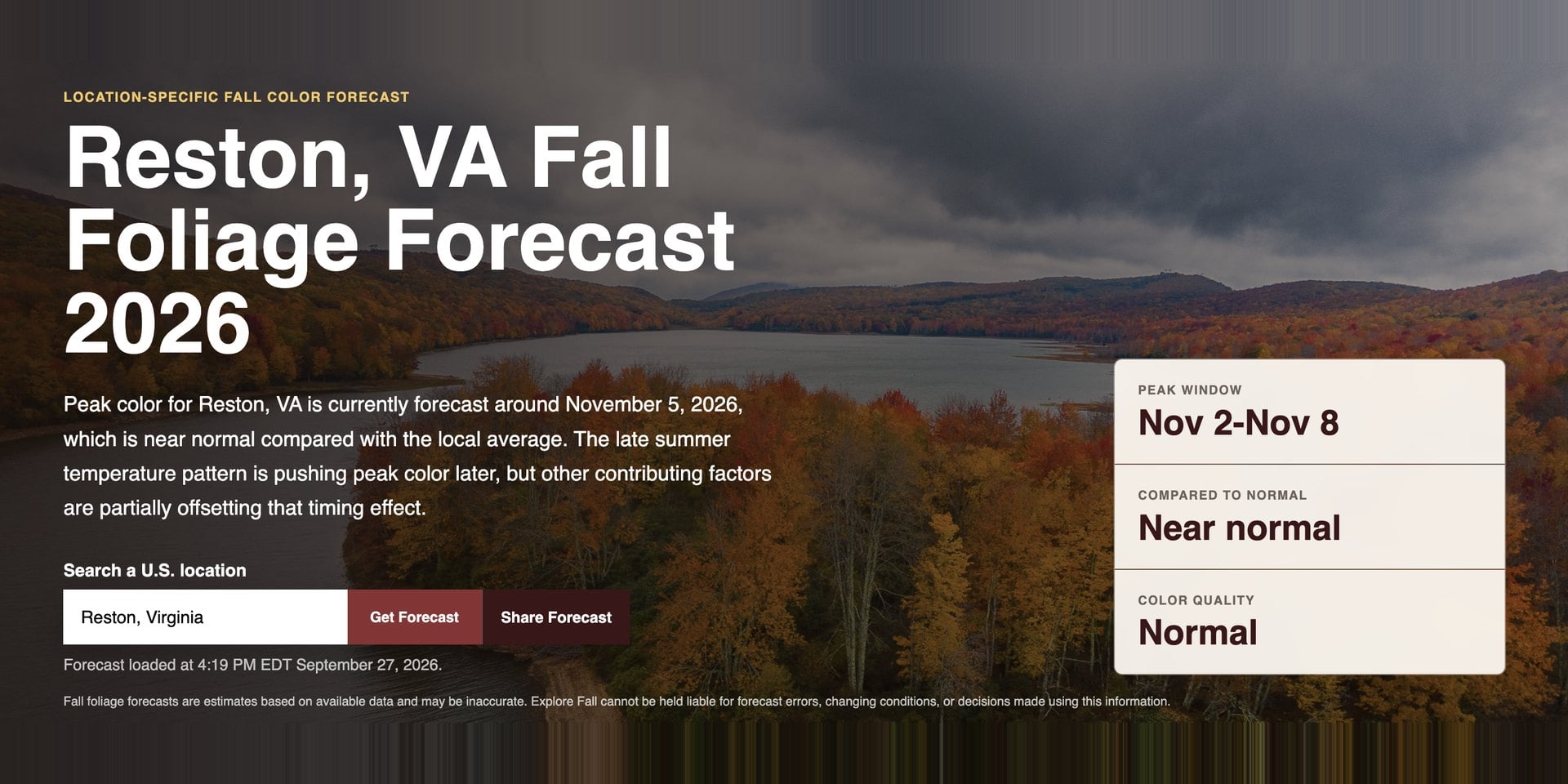 Explore Fall forecast card showing a Reston, VA peak window of November 2 to 8, 2026, near normal timing and normal color quality
